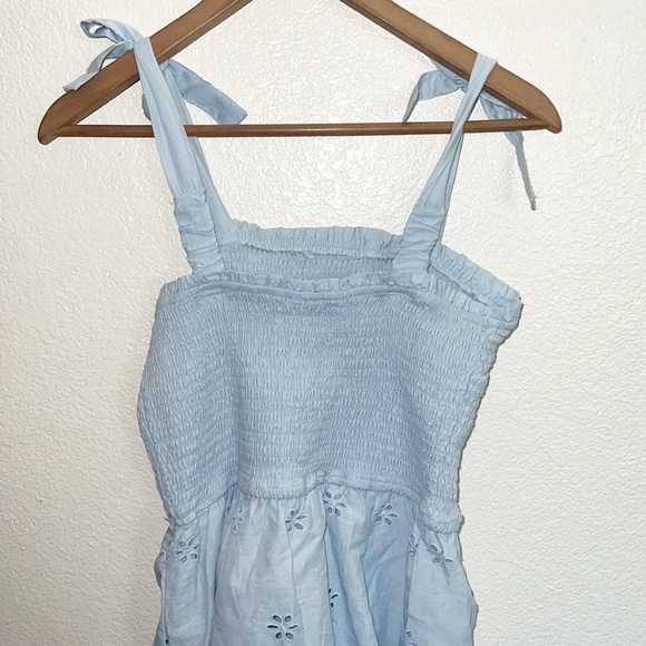 Sincerely Jules Light Blue Smocked Tiered Floral Tank Top Tie Strap Mini Dress - Picture 6 of 9